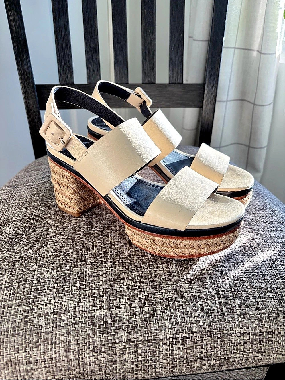 Tory Burch Cream & Brown Braided Espadrille Wedges